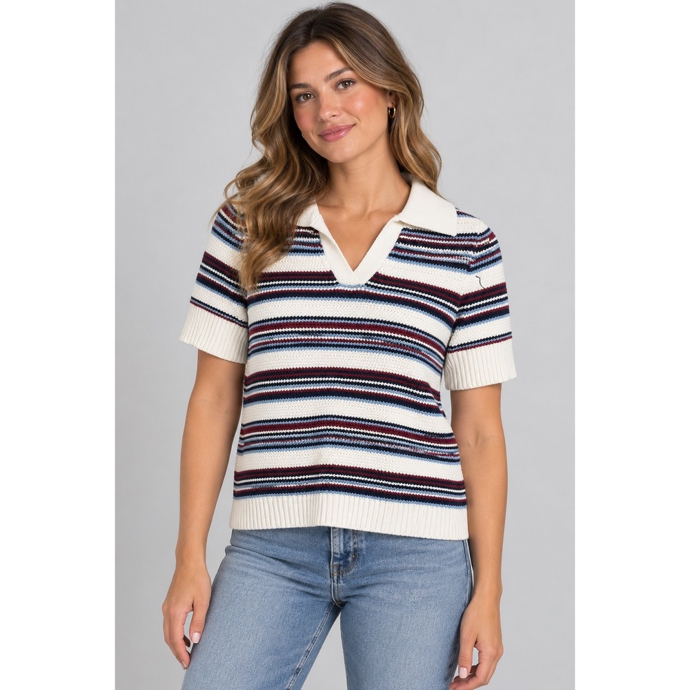 Womens Striped Knit Polo Sweater Short Sleeve V-Neck White Navy XS Coastal